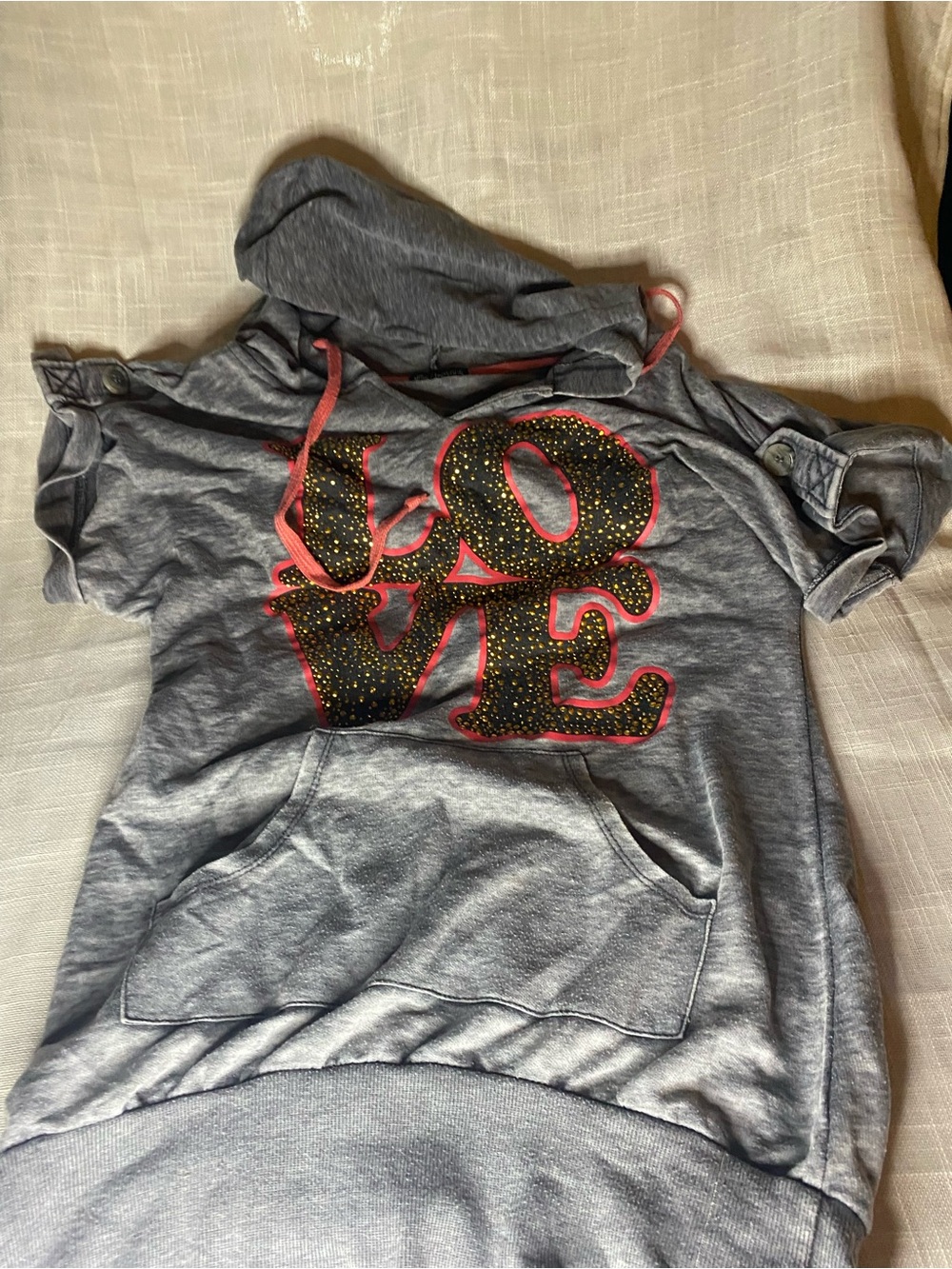 Miss Chievous Gray Short-Sleeve Hoodie with Black & Pink LOVE Graphic